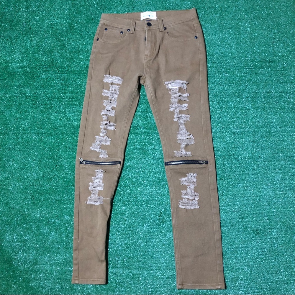 Bleecker & Mercer Tan Tan Jeans Distressed W Zippers Men's 30x32